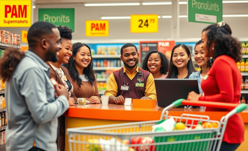 A customer service representative assisting a shopper at PAM Supermarkets.