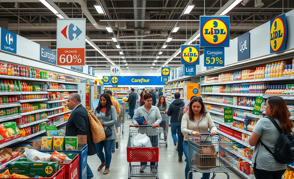 Image showing various supermarket chains like Carrefour, Lidl, and Eurospin, highlighting job opportunities in the retail sector.
