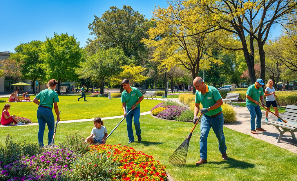 A well-maintained public green park with lush lawns and vibrant plants, showcasing Coopservice's care.