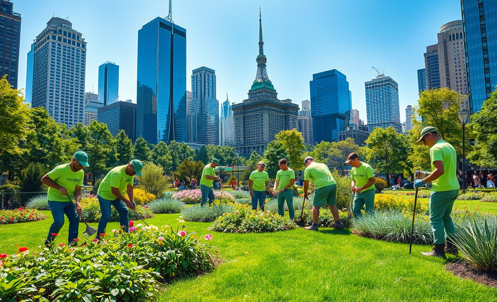 Gardeners maintaining urban green spaces with care and expertise, showcasing lush landscapes and vibrant plants.