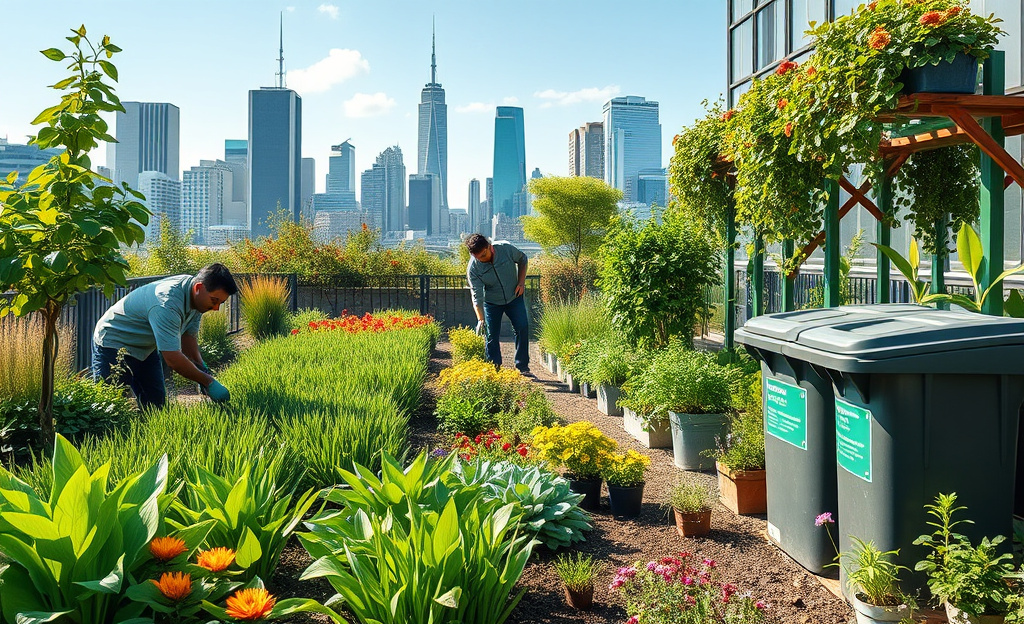 An eco-friendly garden maintained by Ecosistem Ambiente SPA, showcasing diverse plants and efficient waste management practices.