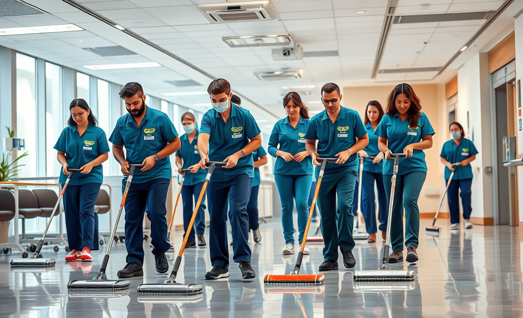 Professional cleaning team working at a large facility managed by Rekeep.