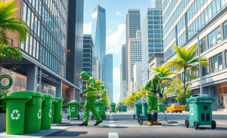 A city landscape showing clean streets and industrial areas maintained by Ecosistem Ambiente SPA's eco-friendly cleaning services.