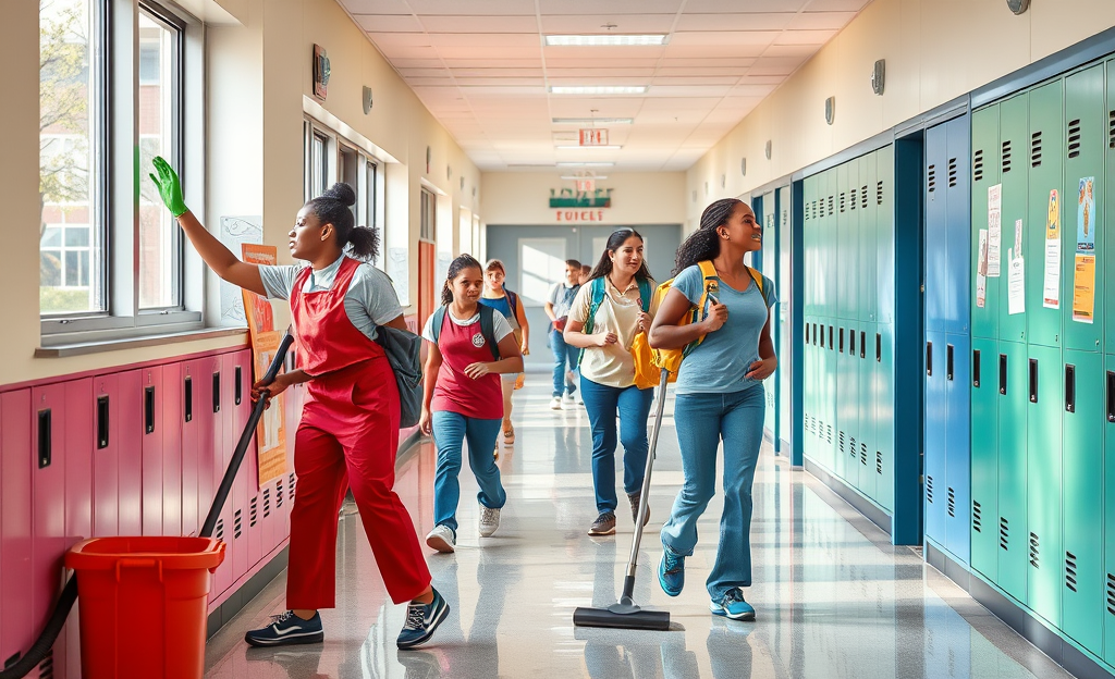 Image depicting cleaning professionals maintaining a school and public building environment.