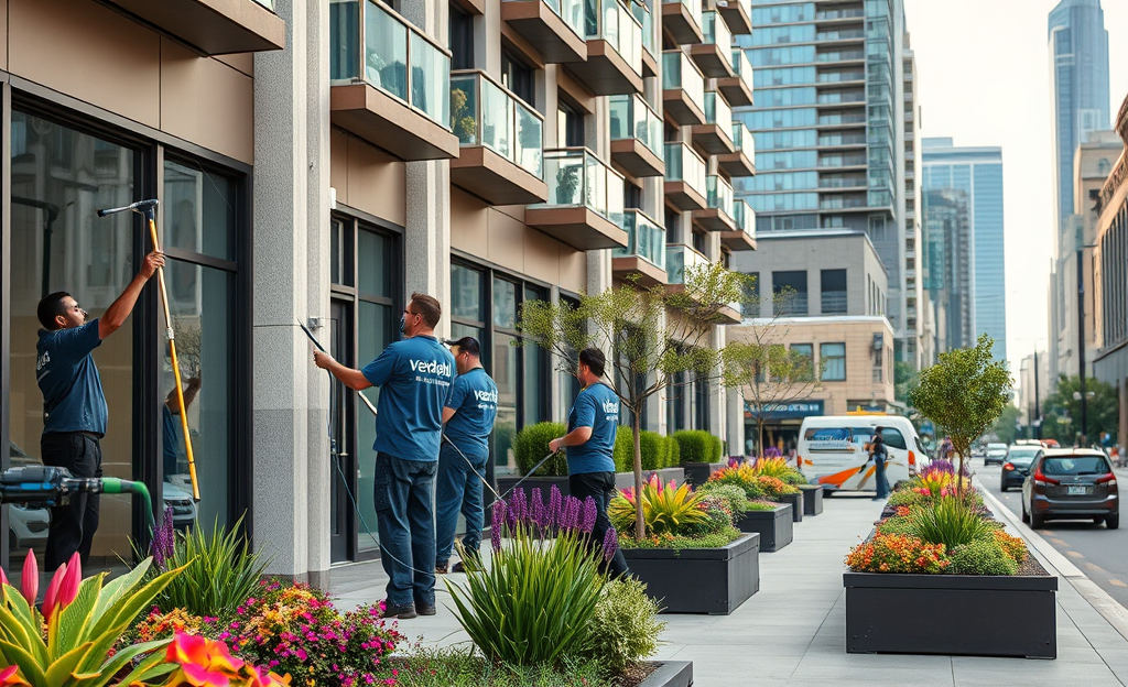 A professional team from Verdeblu Multiservizi maintaining a building facade and common area.