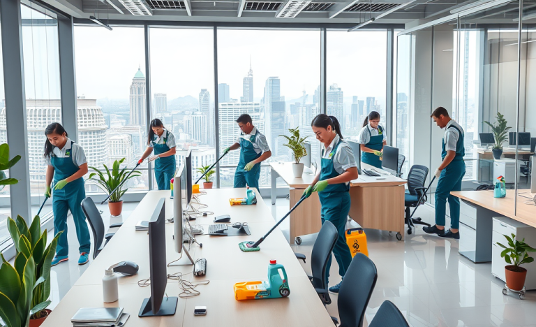 Professional cleaning team from CMB Verde SRL at work in a corporate office