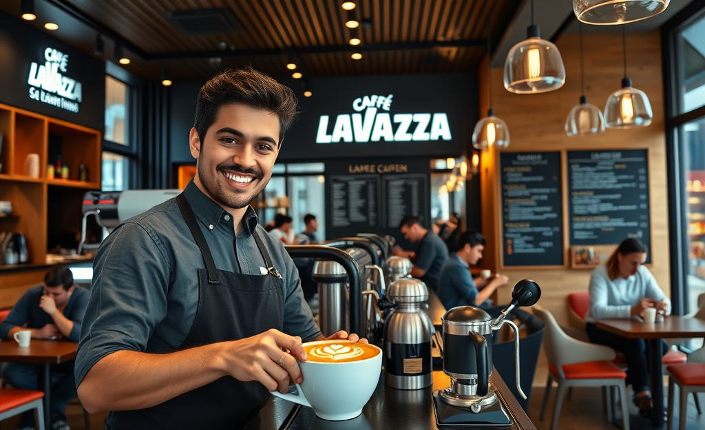 A barista preparing coffee at Caffè Lavazza, showcasing the vibrant atmosphere and high-quality products.