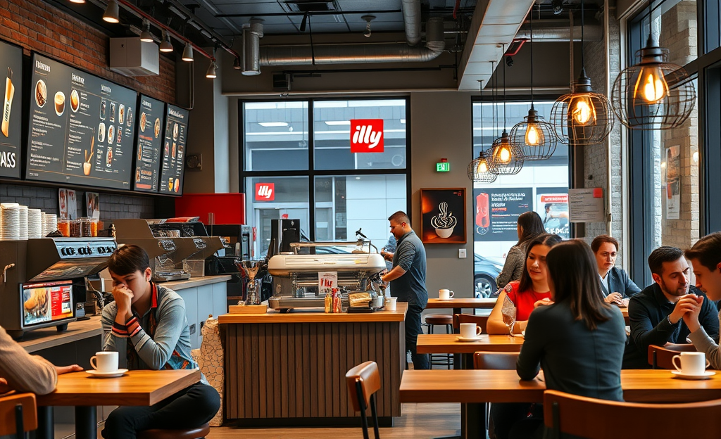 Barista skillfully preparing a cup of coffee in an Illy coffee shop
