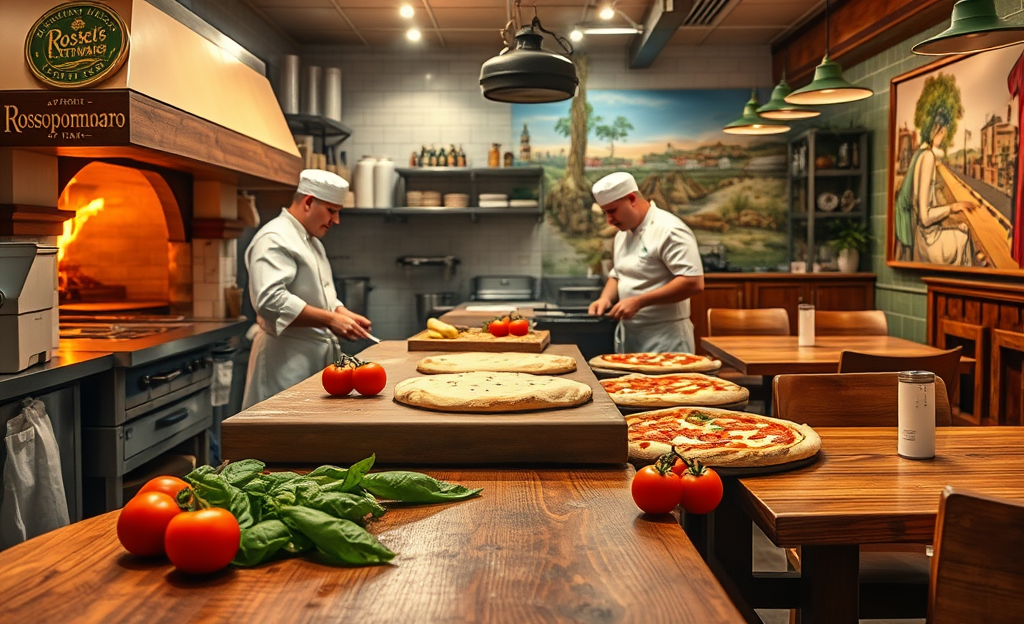 A cozy dining setup at Rossopomodoro with a chef preparing a Neapolitan pizza.