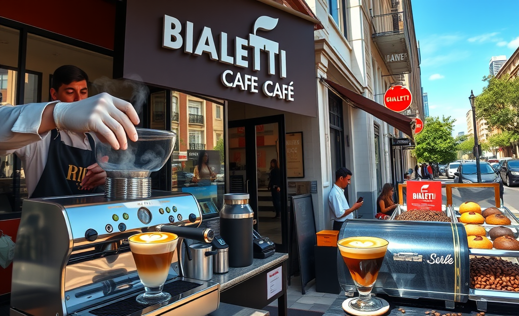 Image of a barista and an attendant working at Bialetti Café, showcasing a lively café environment.