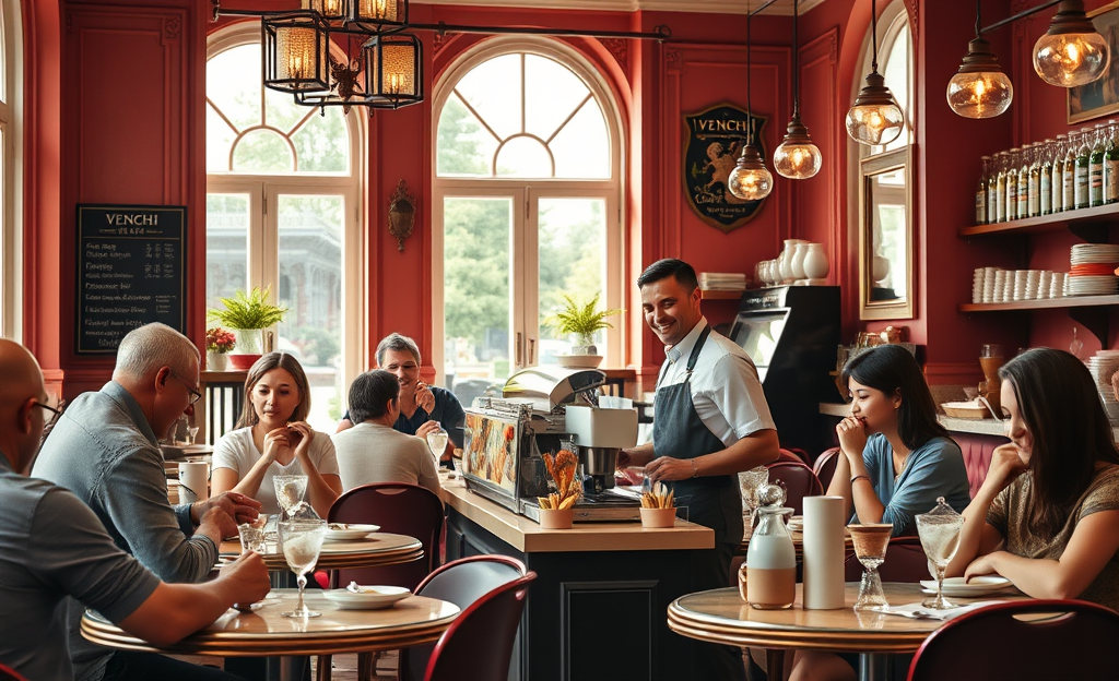 Barista preparing coffee at Venchi Café with gelato display