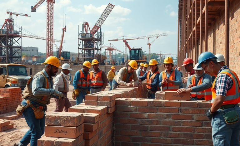 Image showing bricklayers and helpers working on a construction site at Salini Impregilo