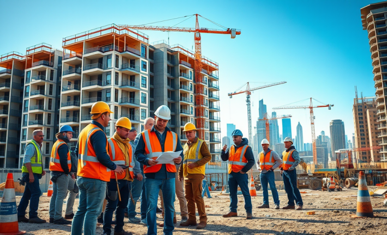 Impresa Pizzarotti team working on a construction site with diverse roles in a dynamic environment.