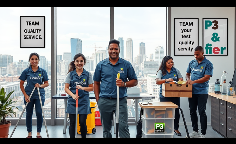 A team of professionals cleaning an office space as part of P3's services