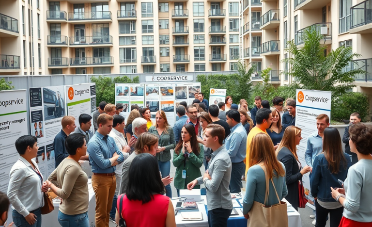 A Coopservice representative discussing property management roles with a candidate in a condominium setting.