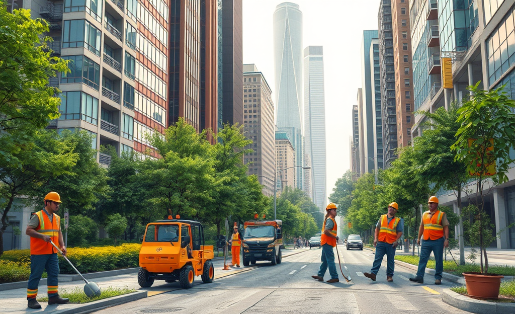 A vibrant cityscape with clean streets and efficient waste management services, representing urban maintenance opportunities at Servizi Ambientali SPA.