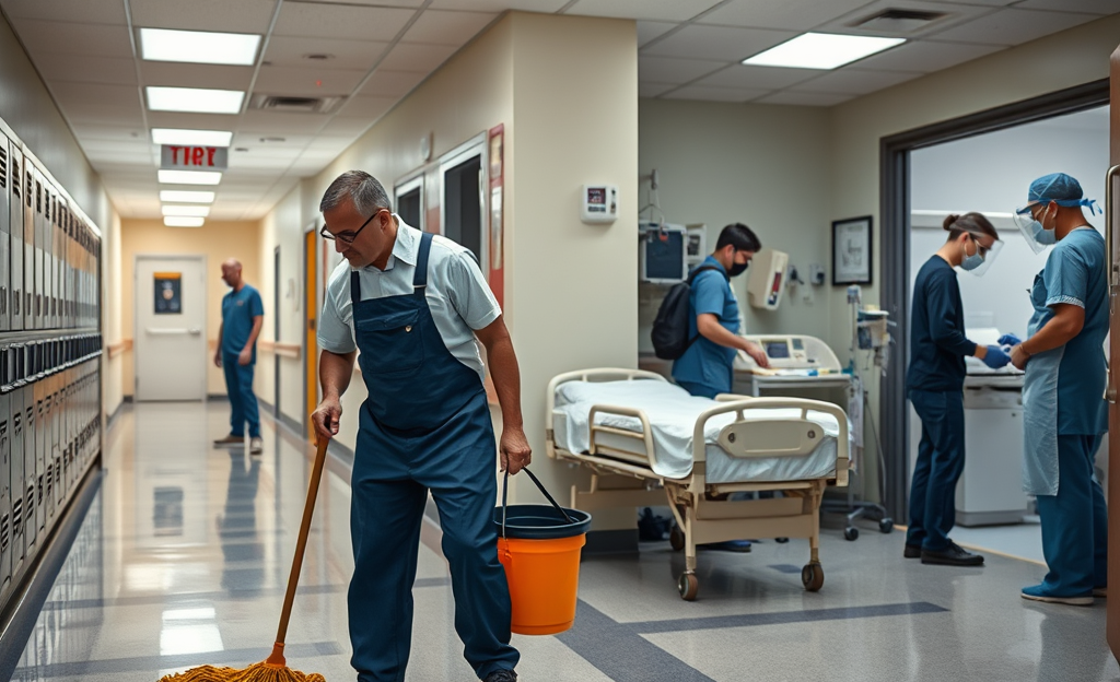 Image of cleaning staff working in a school or hospital setting, illustrating roles in the P3 project.