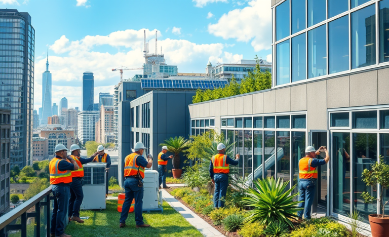 A team of professionals conducting maintenance work inside a modern commercial building