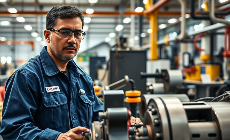 Illustration of a maintenance technician working with machinery at CMB Verde SRL.