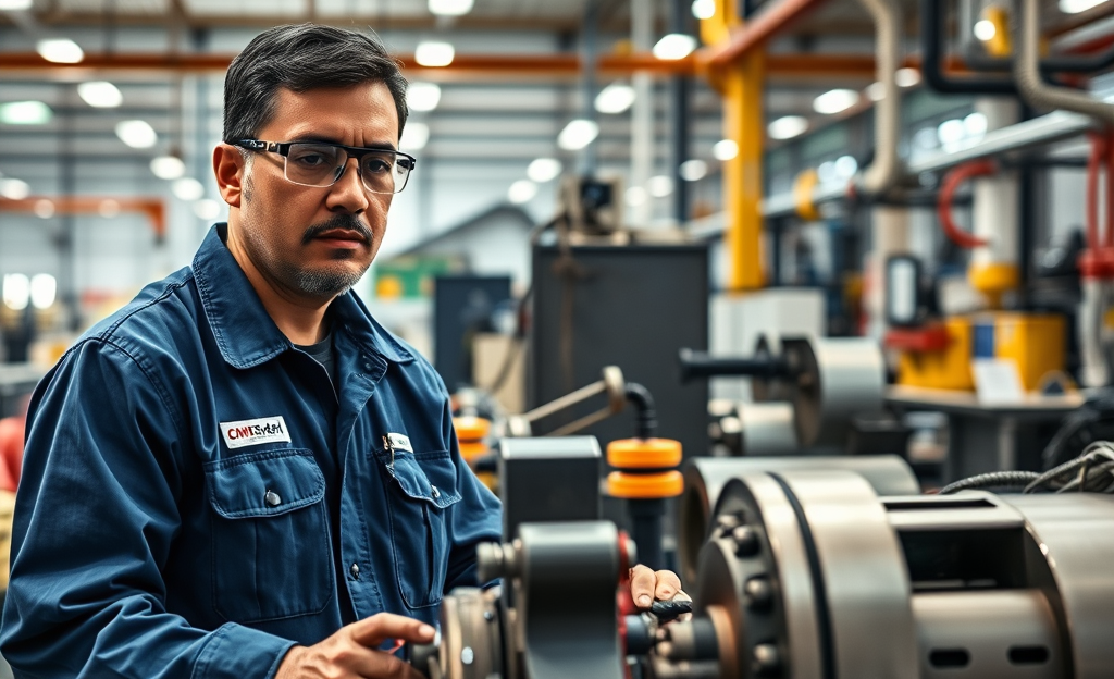Illustration of a maintenance technician working with machinery at CMB Verde SRL.