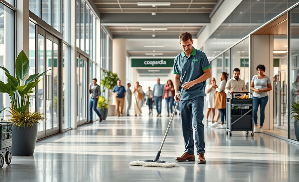 Janitors working in a public building, showcasing cleanliness and maintenance.