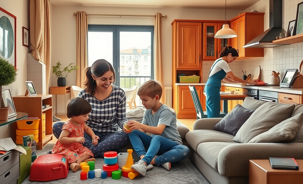 A caregiver nanny playing with children in a cozy living room, representing live-in job opportunities with accommodation.