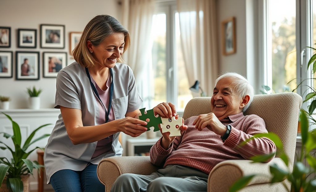 A caregiver assisting an elderly person with daily activities at Senior Domus SRL.
