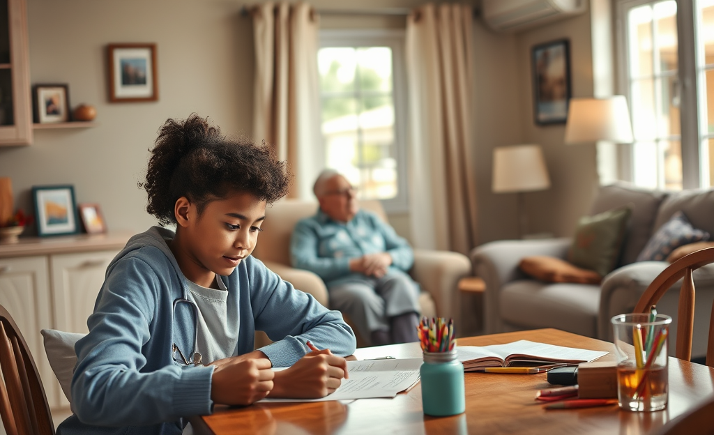 Caregiver assisting an elderly person and a child with daily activities