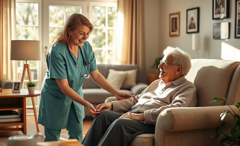 A caring home worker assisting a family, representing La Famiglia Coop's domestic job services.
