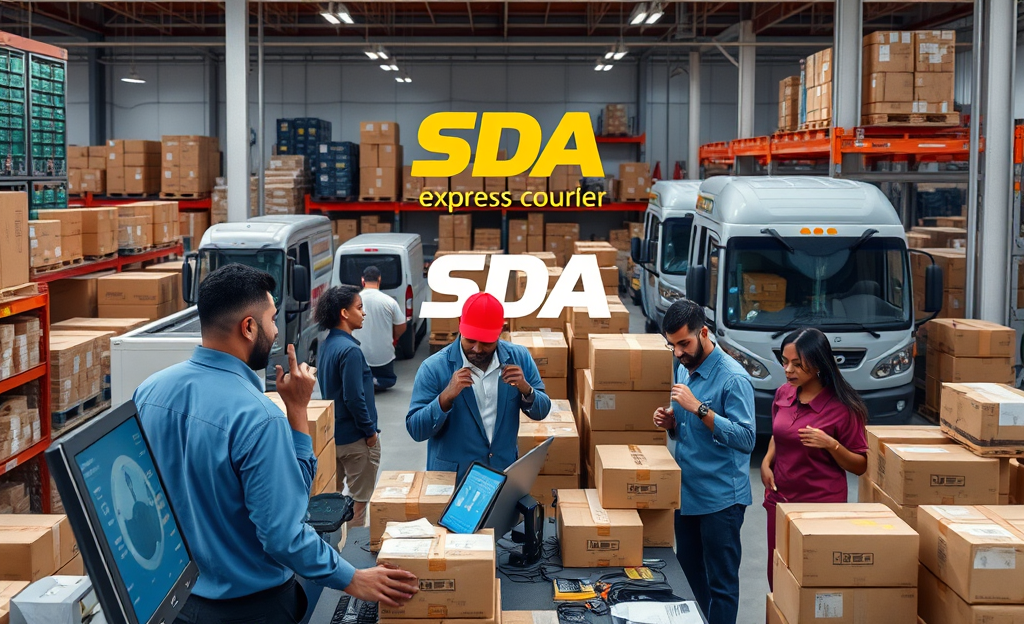 A professional team in a logistics center working with SDA Express Courier, highlighting career opportunities in express delivery services.