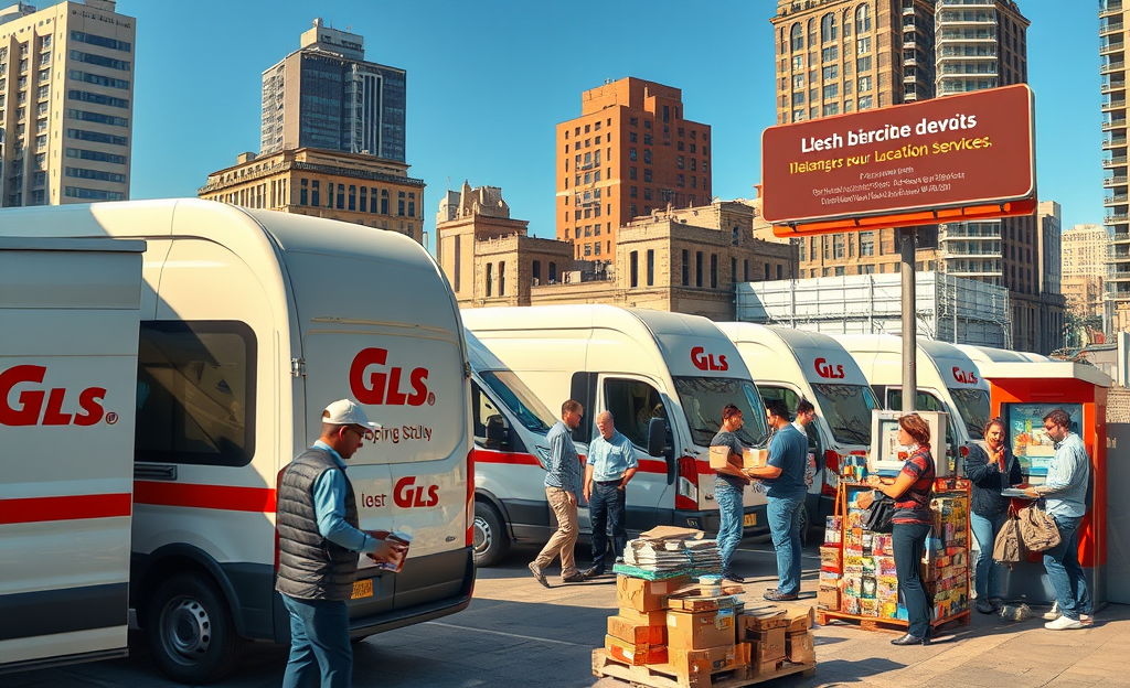 Illustration of GLS delivery services, depicting parcel landmarks such as depots and tracking systems.