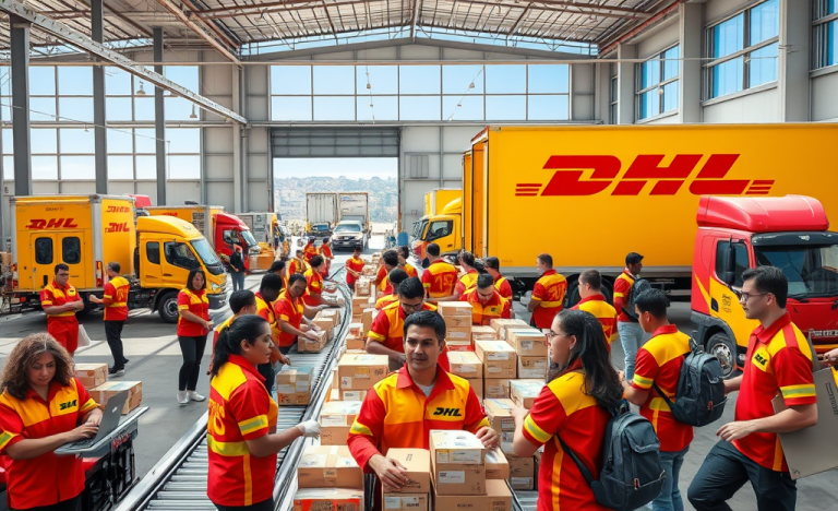 DHL Express employee working at a busy logistics center