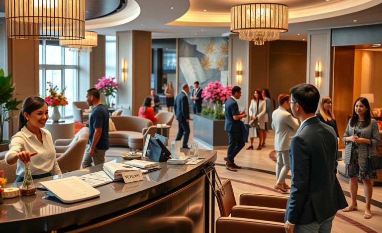 Receptionist welcoming guests at Accor Hotels front desk