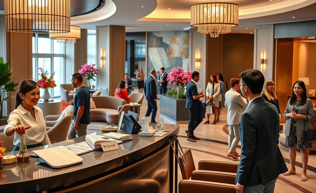 Receptionist welcoming guests at Accor Hotels front desk