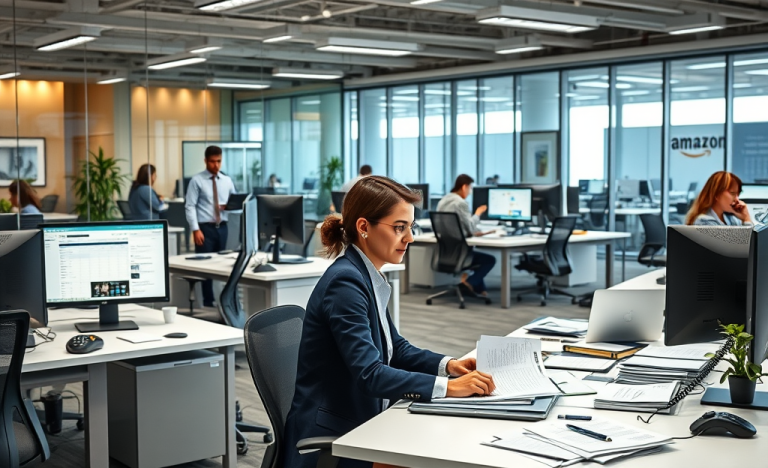 Image of professionals working at Amazon in administrative support and customer service roles.