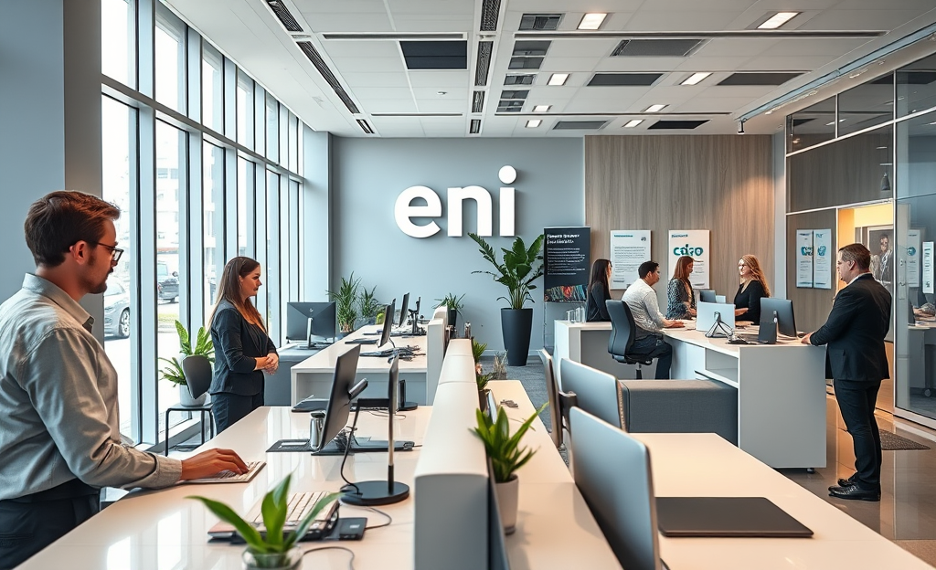 Employees assisting clients at Eni S.p.A. customer service desk.