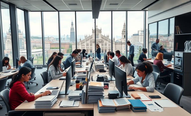 People working in an office setting, collaborating at desks lined with computers in a large Italian company.