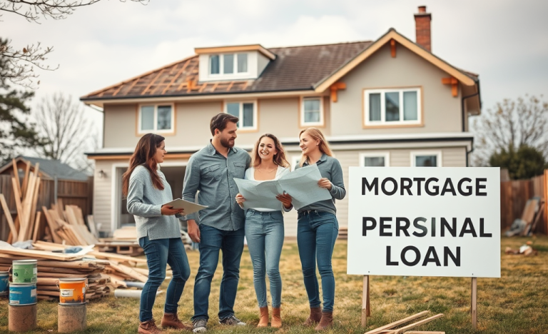 A couple discussing renovation plans in front of their home, exploring options for a mortgage personal loan for large projects.