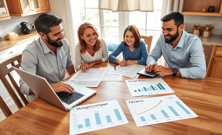 A serene image of a family reviewing mortgage options to lower payments.