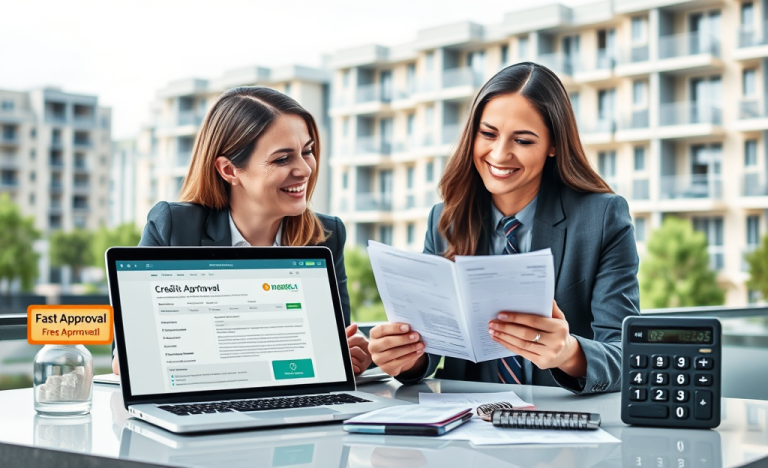 A happy couple discussing quick credit options for buying an apartment.