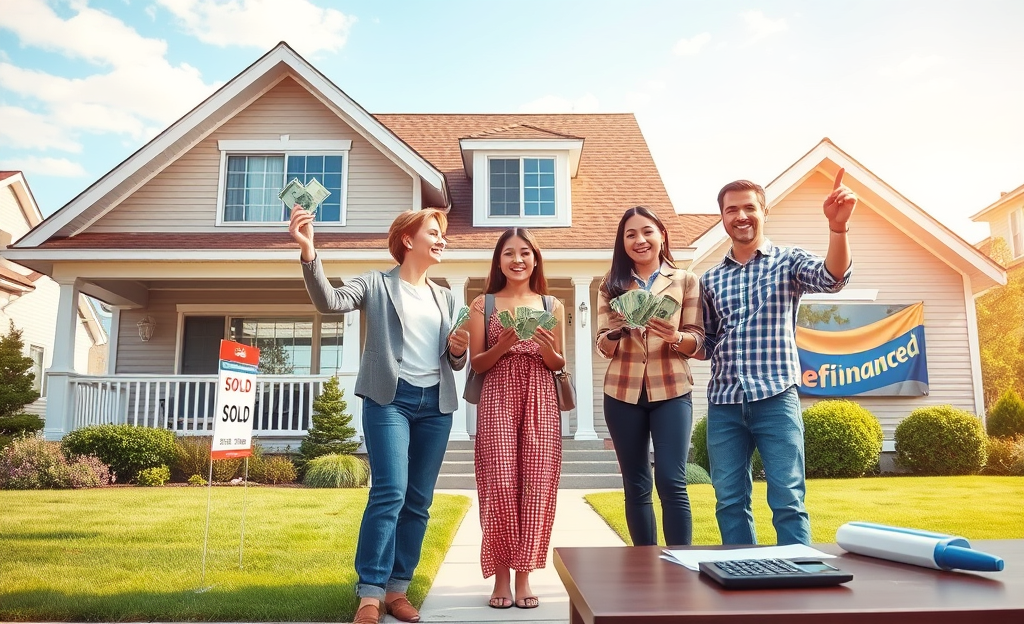 A graphic illustrating the benefits of immediate credit through real estate refinancing, showing homeowners accessing cash from their equity.