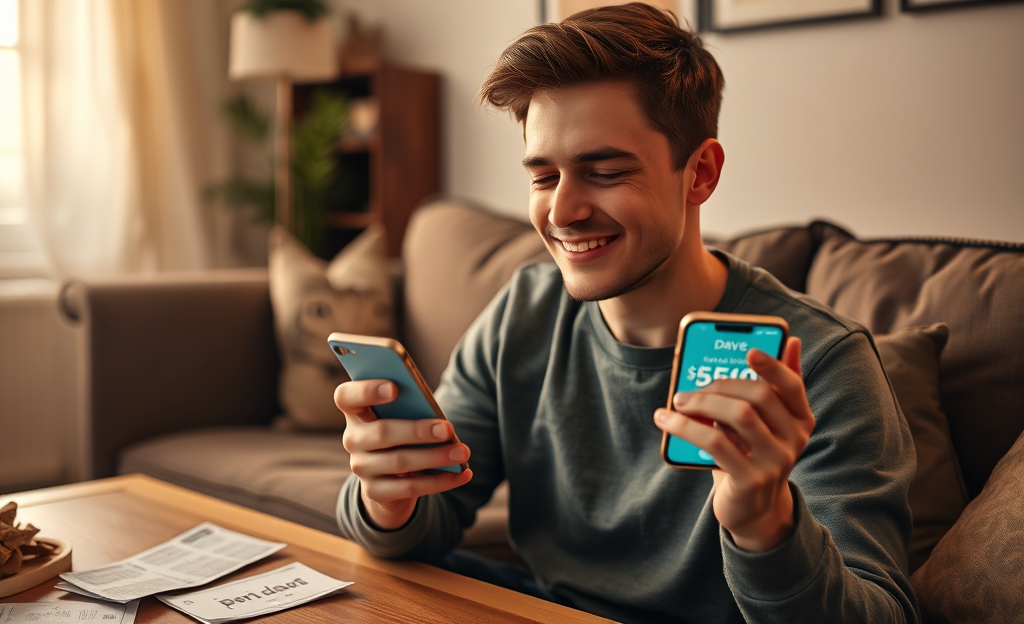 A person using the Dave app to secure a personal loan urgently.